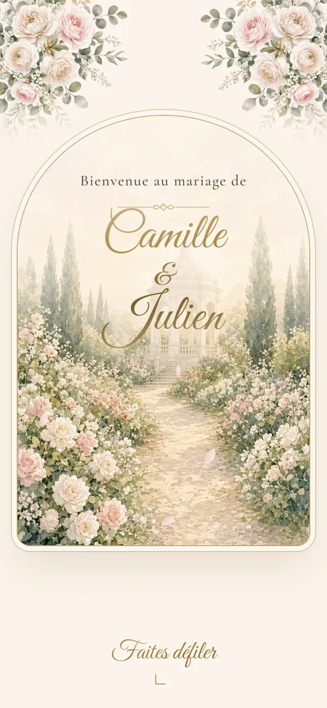 Faire-part de mariage ouvert : arche fleurie et prénoms Camille et Julien